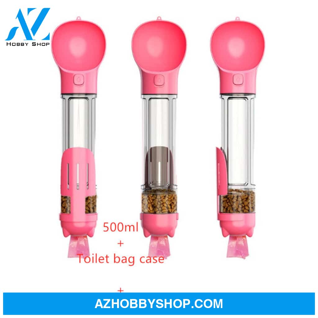 Pet Water Bottle Feeder Bowl Garbage Bag Storage Portable Outdoor Travel 3 In 1 Dog Pink / 500Mlset