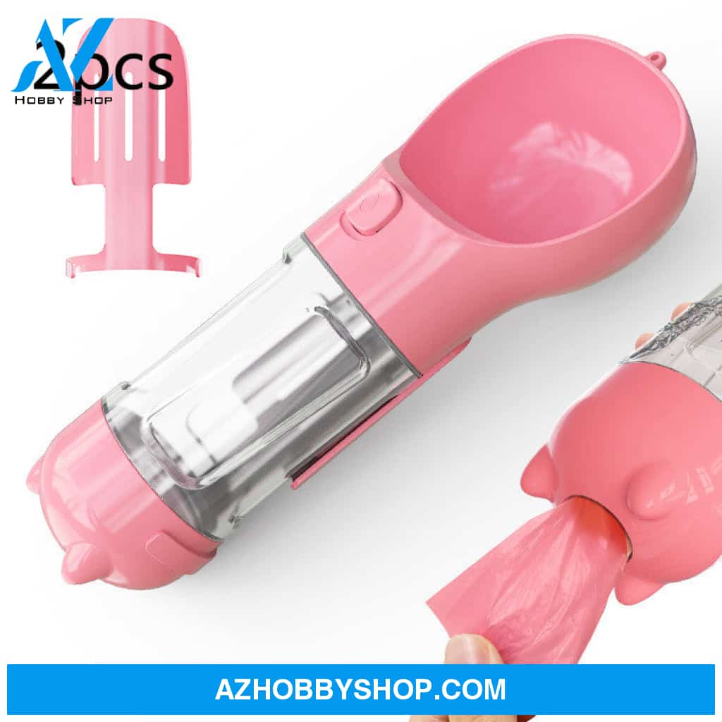 Pet Water Bottle Feeder Bowl Garbage Bag Storage Portable Outdoor Travel 3 In 1 Dog Pink2Pcs / 300Ml