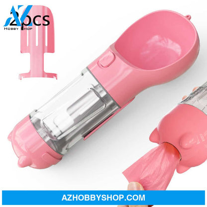 Pet Water Bottle Feeder Bowl Garbage Bag Storage Portable Outdoor Travel 3 In 1 Dog Pink2Pcs / 300Ml