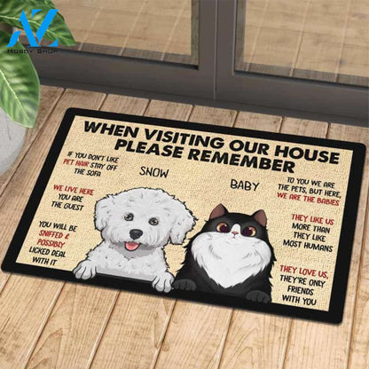 Pets' Rules When Visiting Our House - Cats And Dogs Personalized Doormat 