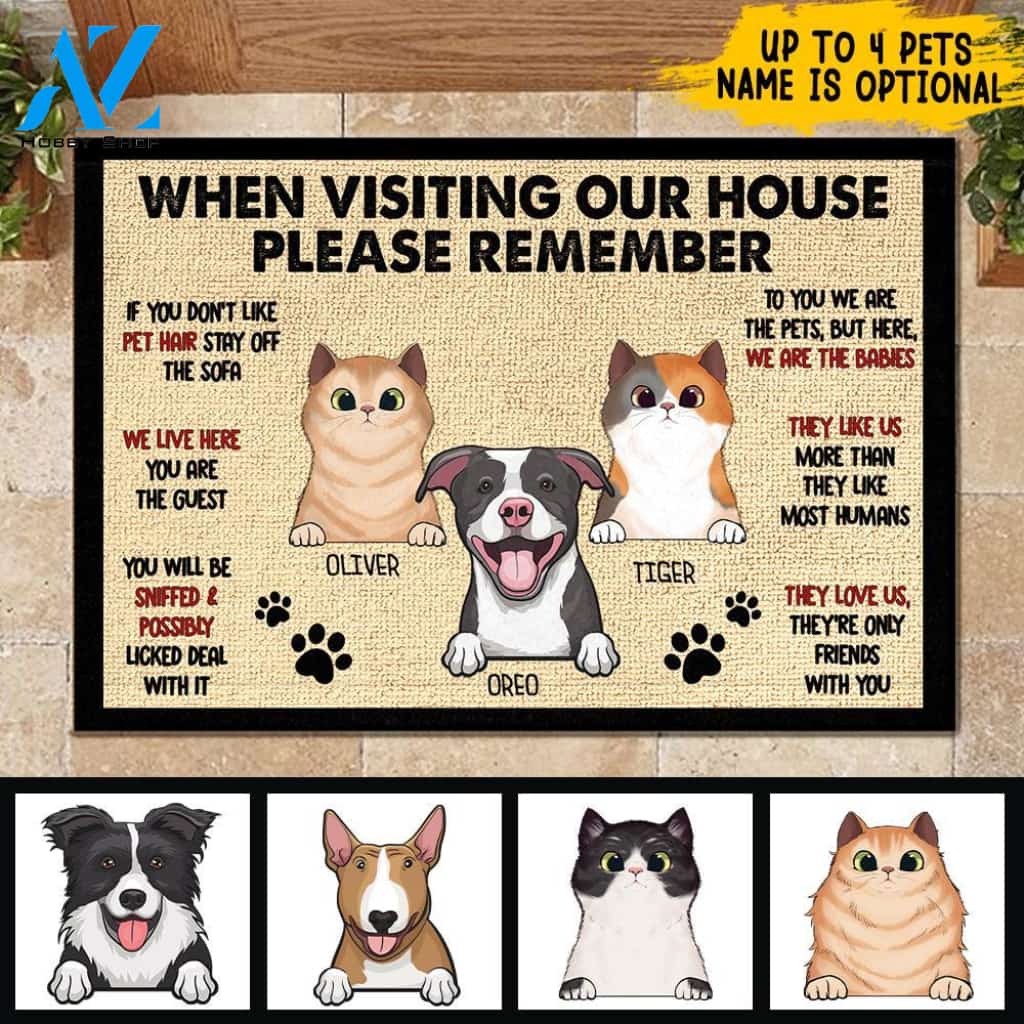 Pets' Rules When Visiting Our House - Cats And Dogs Personalized Doormat | WELCOME MAT | HOUSE WARMING GIFT