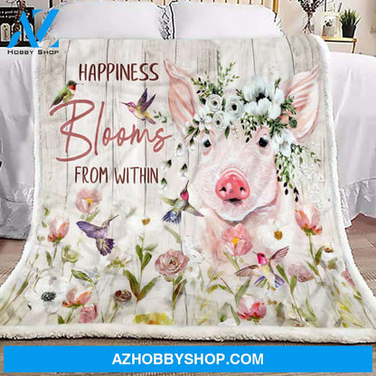 Pig Blanket, Happines Blooms From Within, Fleece Blanket.Gift For Pig Lovers