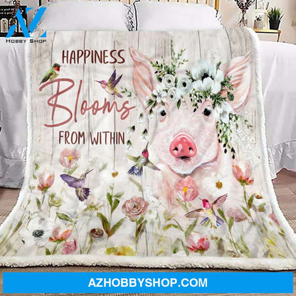 Pig Blanket, Happines Blooms From Within, Fleece Blanket.Gift For Pig Lovers
