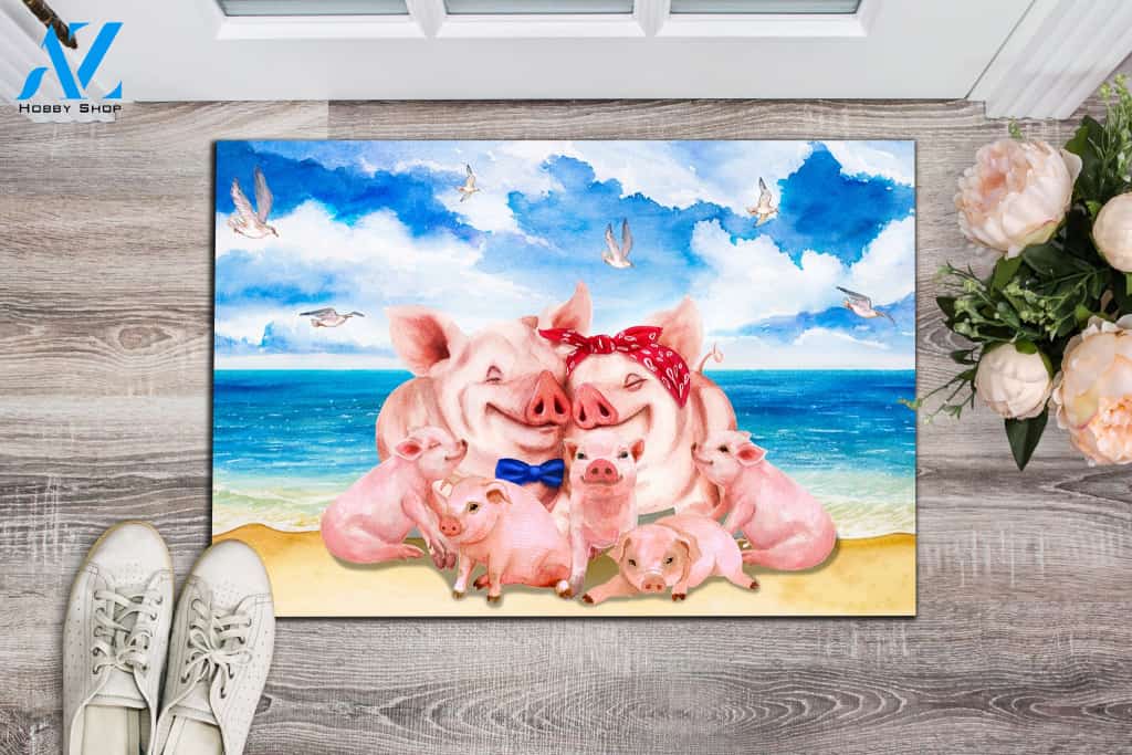 Pig Family And The Beach Doormat | Welcome Mat | House Warming Gift