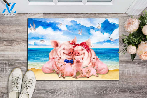 Pig Family And The Beach Doormat | Welcome Mat | House Warming Gift