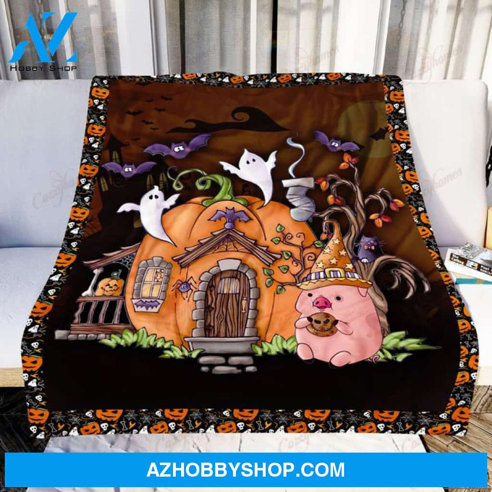 Pig Pumkin House Pig Lover Fleece Blanket, Gift For Pig Lovers On Halloween Gift For Friend Family Home Decor Bedding Couch Sofa Soft and Comfy Cozy