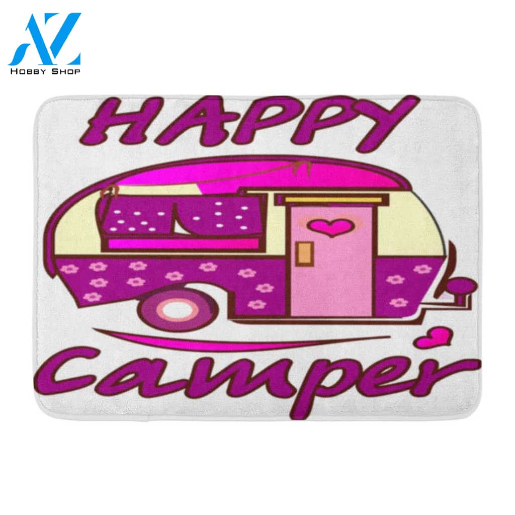 Pink Car Bus Happy Camper Doormat Welcome Mat House Warming Gift Home Decor Funny Doormat Gift Idea
