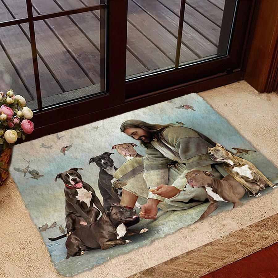 Jesus Surrounded By Pit Bulls Doormat