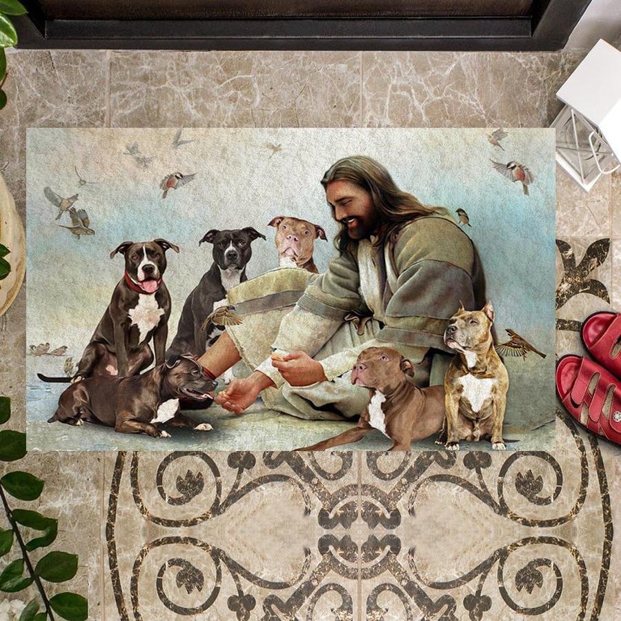 Jesus Surrounded By Pit Bulls Doormat