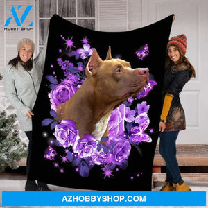 Pitbull Dog Purple Flower Valentines Day Gift Fleece Blanket - Quilt Blanket