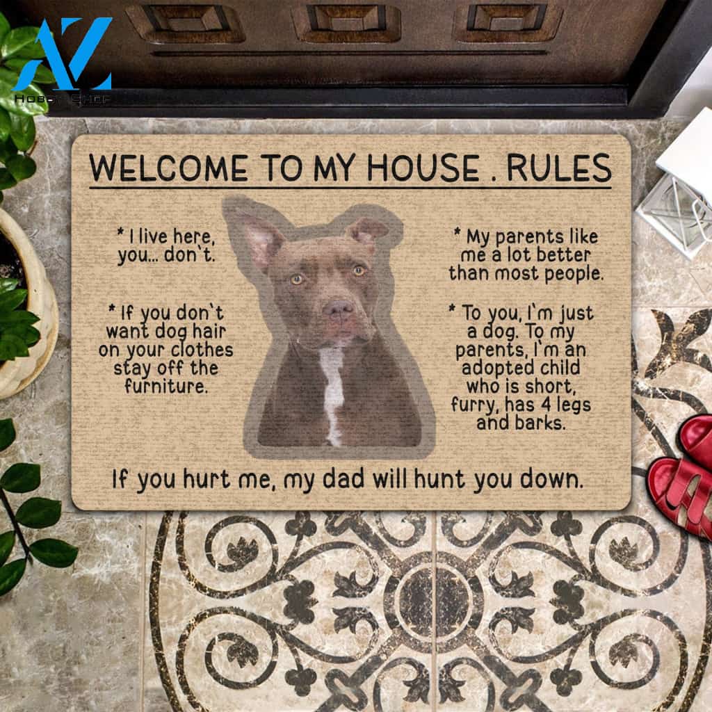 Pitbull Doormat Welcome To My House Rules | Welcome Mat | House Warming Gift | Christmas Gift Decor