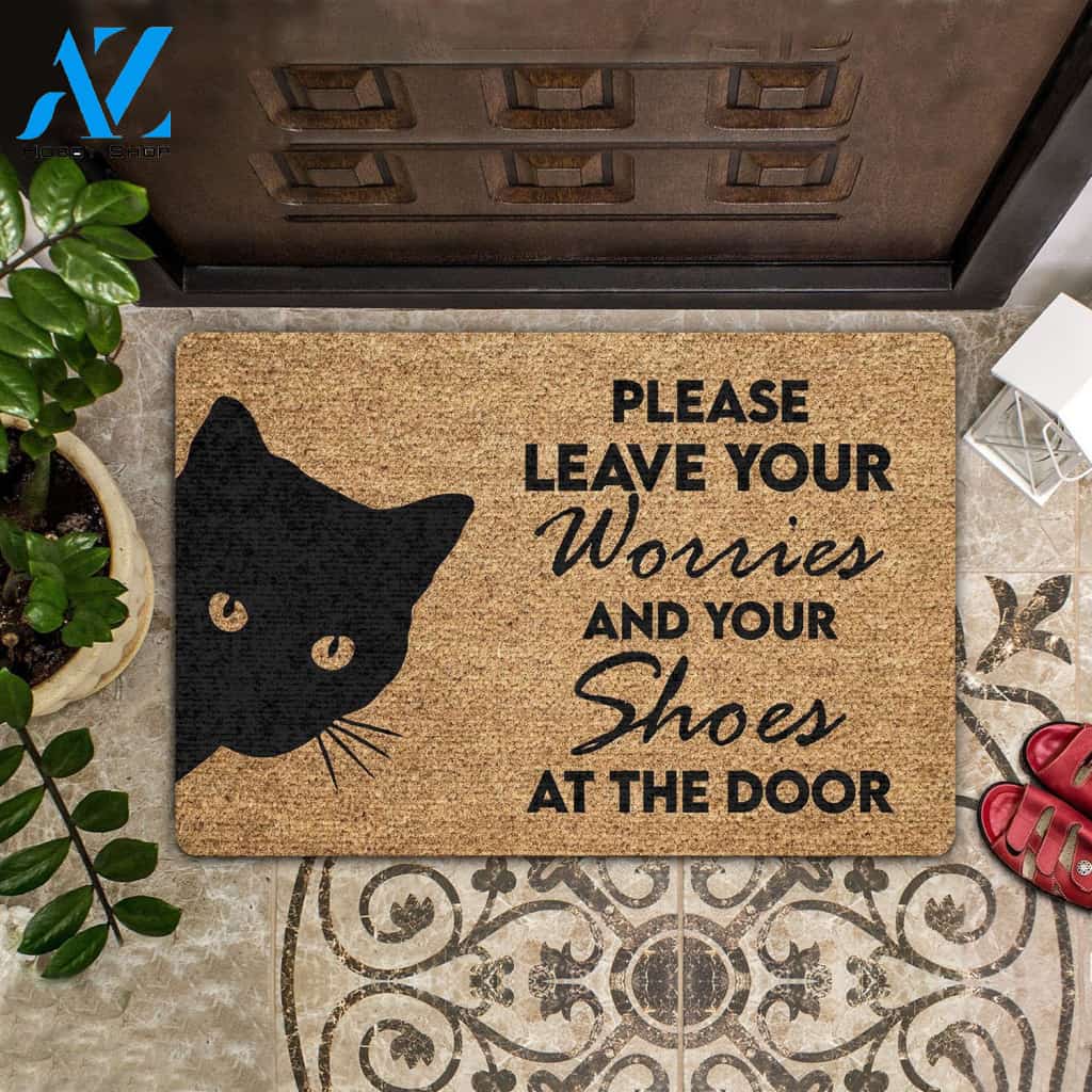 PLEASE LEAVE YOUR WORRIES AND YOUR SHOES COIR PATTERN ALL OVER PRINTING DOORMAT | Welcome Mat | House Warming Gift