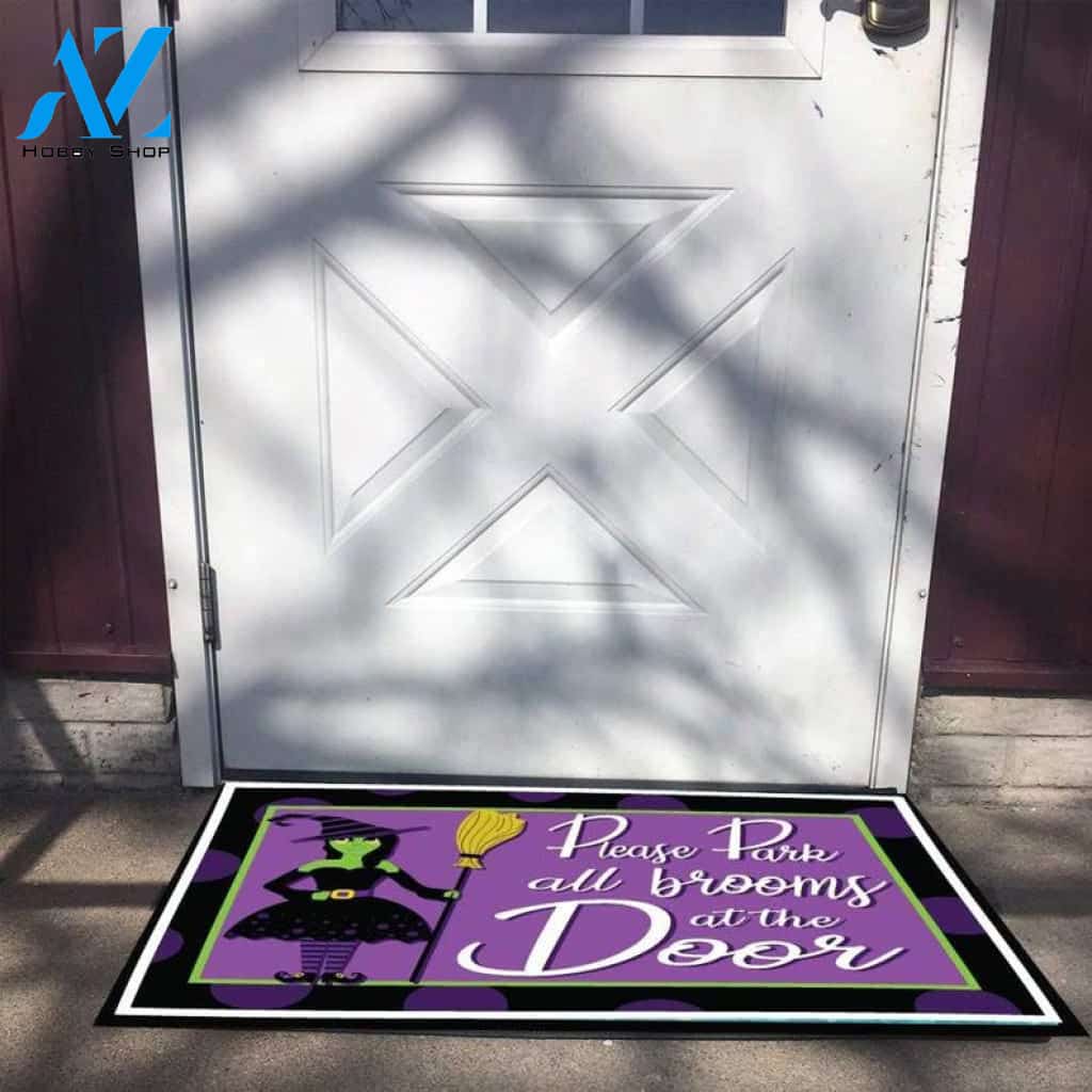 Please Park Witch Brooms at The Door Halloween Doormat Indoor and Outdoor Mat Entrance Rug Funny Home Decor Closing Gift Gift for Friend Idea