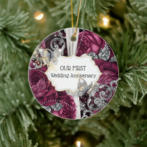 Plum Silver Rose Butterfly Photo Anniversary Ceramic Ornament
