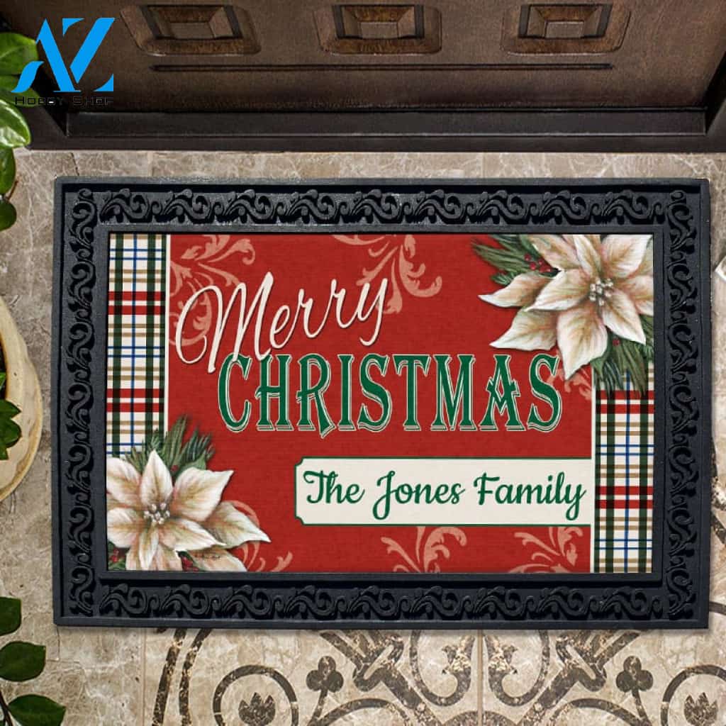 Poinsettia Plaid Merry Christmas Personalized Doormat - 18