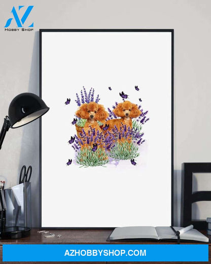 Poodle with lavender flower poster