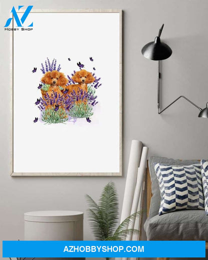 Poodle with lavender flower poster