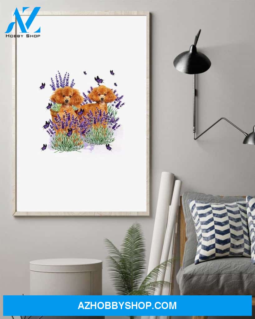 Poodle with lavender flower poster
