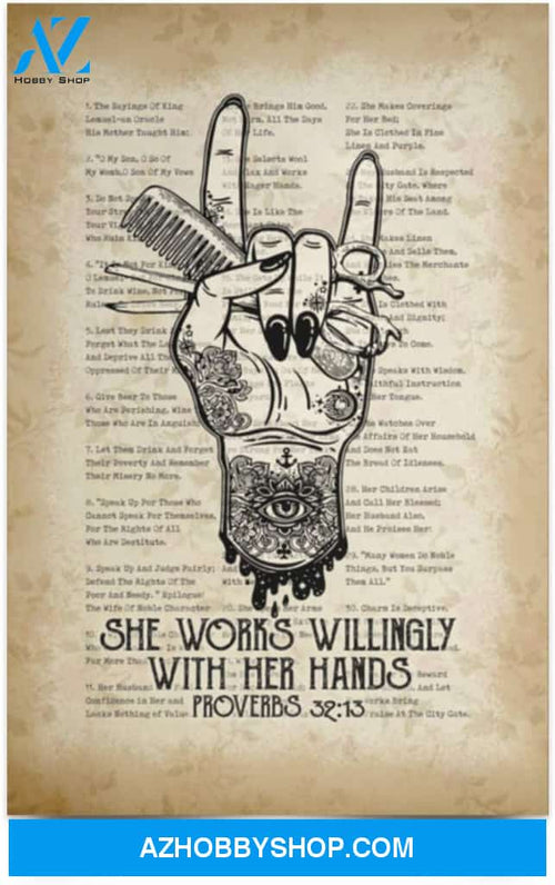 Poster Inspiration She Works Willingly With Her Hands Proverbs – Hairdresser Life Hairstylist Meme Wall Art 