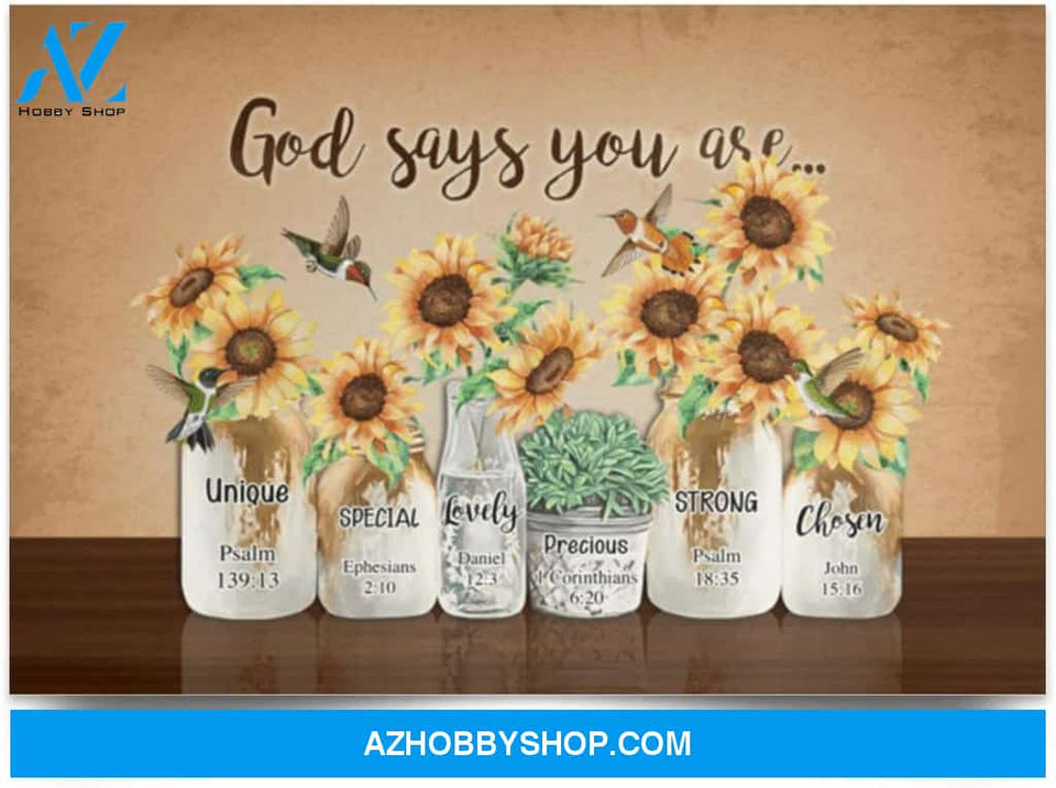 Poster Motivational God Says You Are – Hummingbird Sunflower 