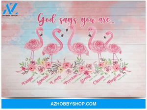 Poster Motivational God Says You Are Unique Special Flamingo