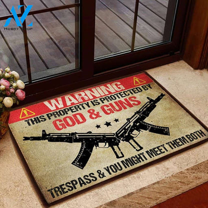 Pro Gun Doormat Warning This Property Is Protected By God & Guns | Welcome Mat | House Warming Gift