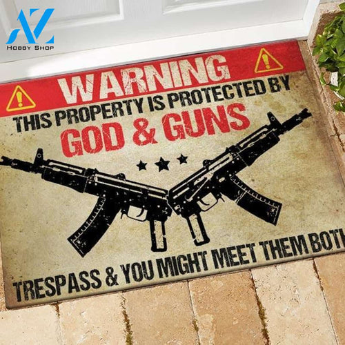 Pro Gun Doormat Warning This Property Is Protected By God & Guns | Welcome Mat | House Warming Gift