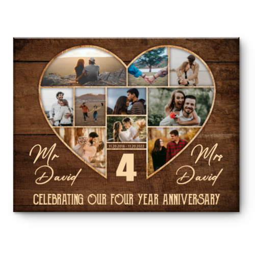 4th Wedding Anniversary Present, Gift For 4th Anniversary, Heart Shape Photo Collage