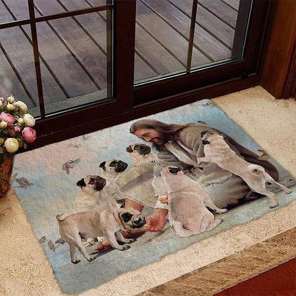 Jesus Surrounded By Pugs Doormat