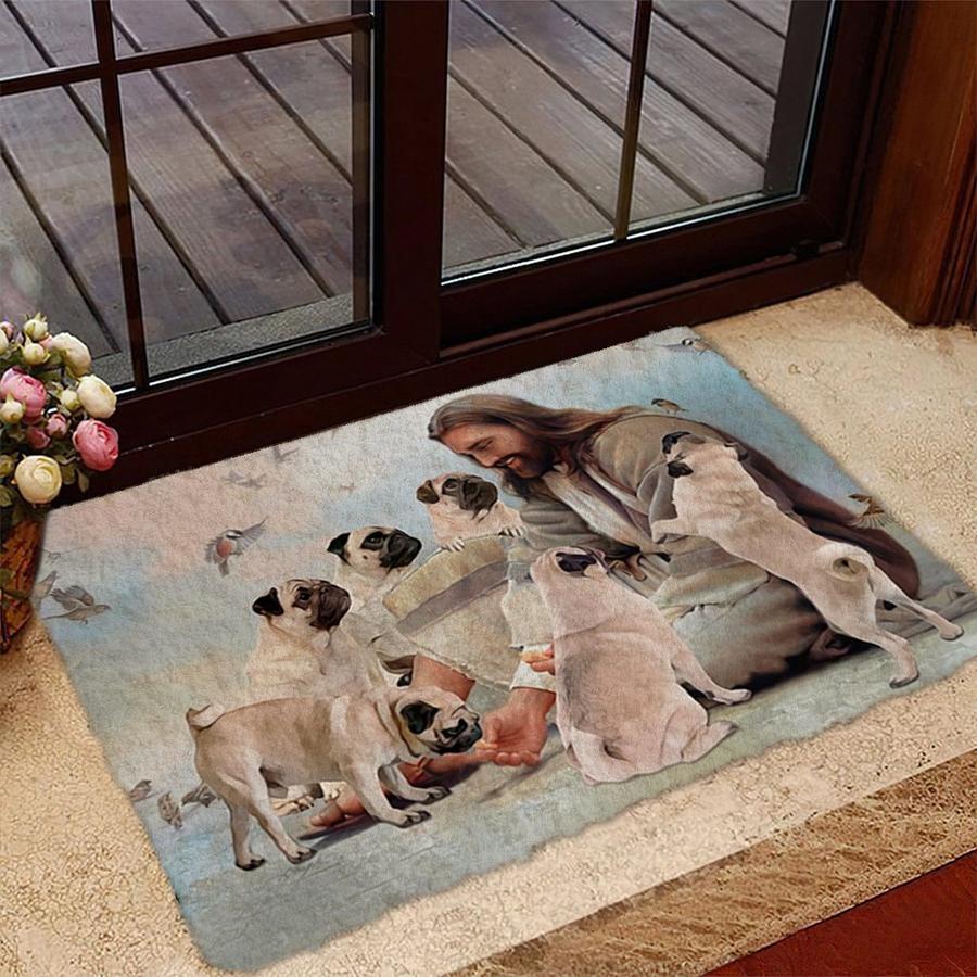 Jesus Surrounded By Pugs Doormat