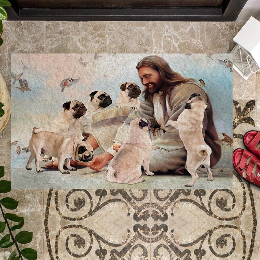Jesus Surrounded By Pugs Doormat