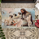 Jesus Surrounded By Pugs Doormat