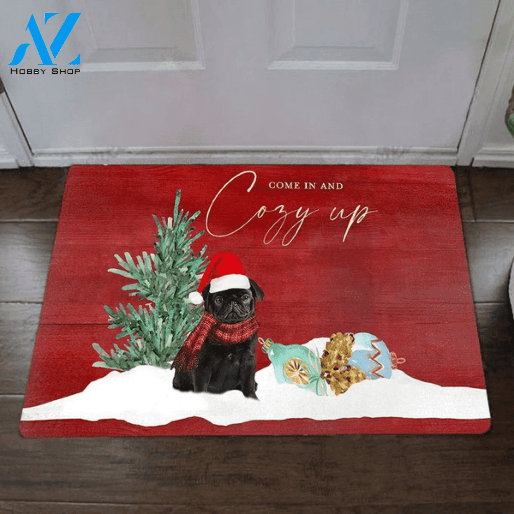 Pug Come In And Cozy Up Doormat Holiday Doormat Funny Welcome Mat Christmas Home Decor Funny Doormat Gift Idea