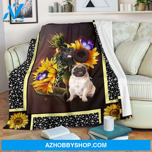 Pug dark sunflower Fleece Blanket