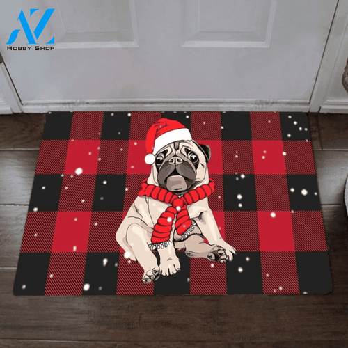 Pug Dog Christmas Buffalo Plaid Doormat Outdoor Christmas Rug Cute, Gift For Dog Lover Home Decor Funny Doormat Gift Idea