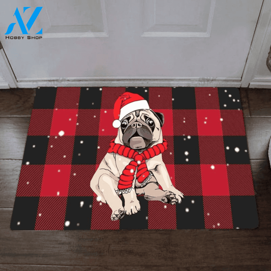 Pug Dog Christmas Buffalo Plaid Doormat Outdoor Christmas Rug Cute, Gift For Dog Lover Home Decor Funny Doormat Gift Idea
