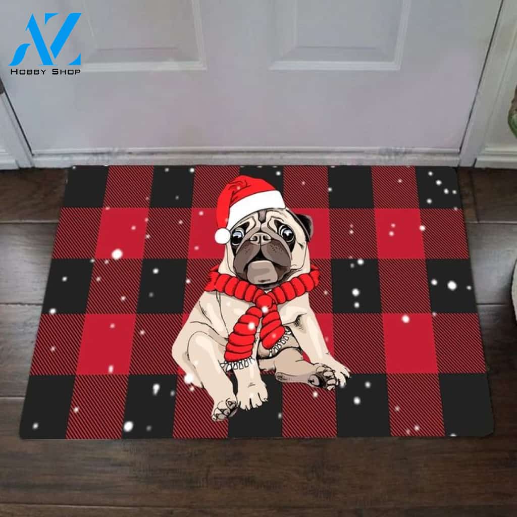 Pug Dog Christmas Buffalo Plaid Doormat Outdoor Christmas Rug Cute Front Door Mat, Welcome Mat Housewarming Gift Home Decor Funny Doormat Gift For Family Friend