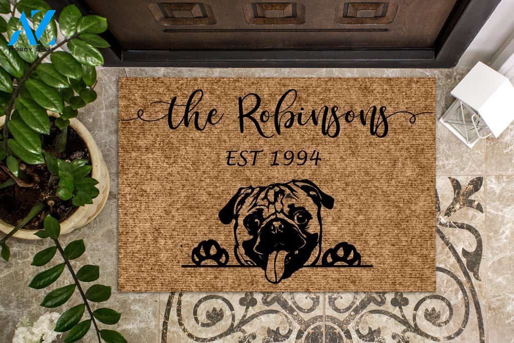 Pug Dog Funny Dog Custom Name & Year Doormat | Welcome Mat | House Warming Gift
