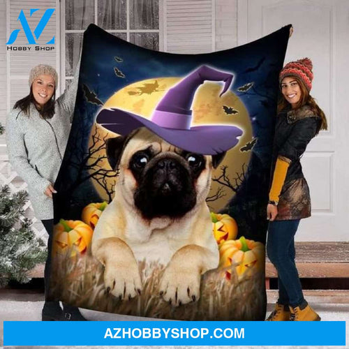 Pug Dog Witch Fleece Blanket Halloween Gift, Halloween Decor