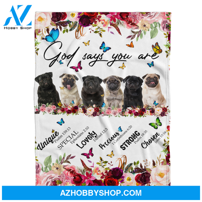Pug - God Says You Are - Floral Butterflies Blanket Gift for Dog Lovers Birthday Gift Home Decor Bedding Couch Sofa Soft and Comfy Cozy