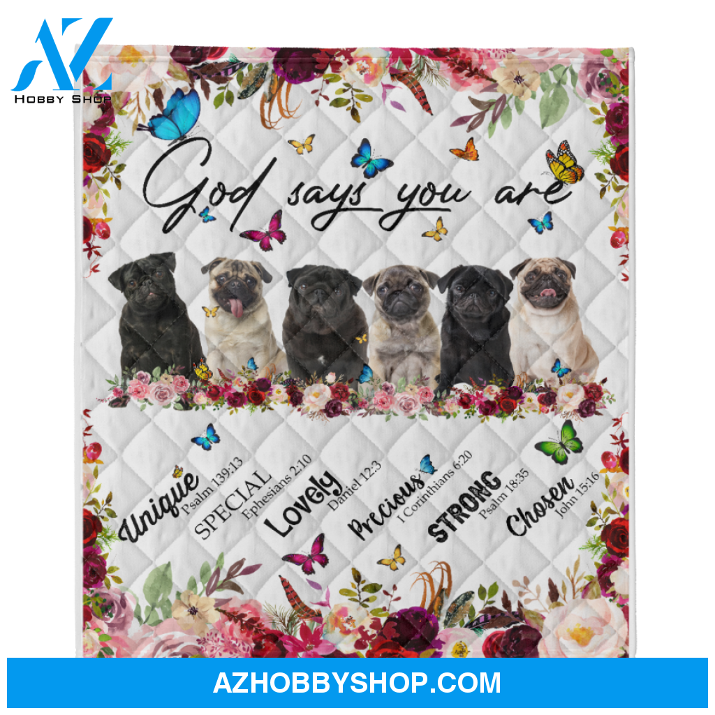 Pug - God Says You Are - Floral Butterflies Blanket Gift for Dog Lovers Birthday Gift Home Decor Bedding Couch Sofa Soft and Comfy Cozy
