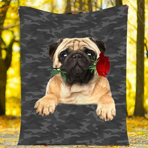Pug Rose Dog Blanket - Valentine's Day Gifts For Her - Fleece Blanket Home Decor Bedding Couch Sofa Soft And Comfy Cozy