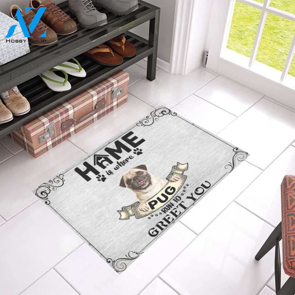 Pug Run To Greet You Printed Doormat Home Decor