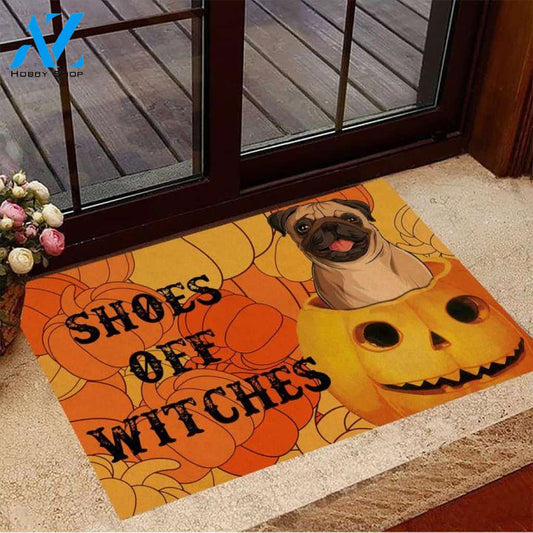 Pug Shoes Off Witches Pumpkin Halloween Easy Clean Welcome DoorMat | Felt And Rubber | DO3319