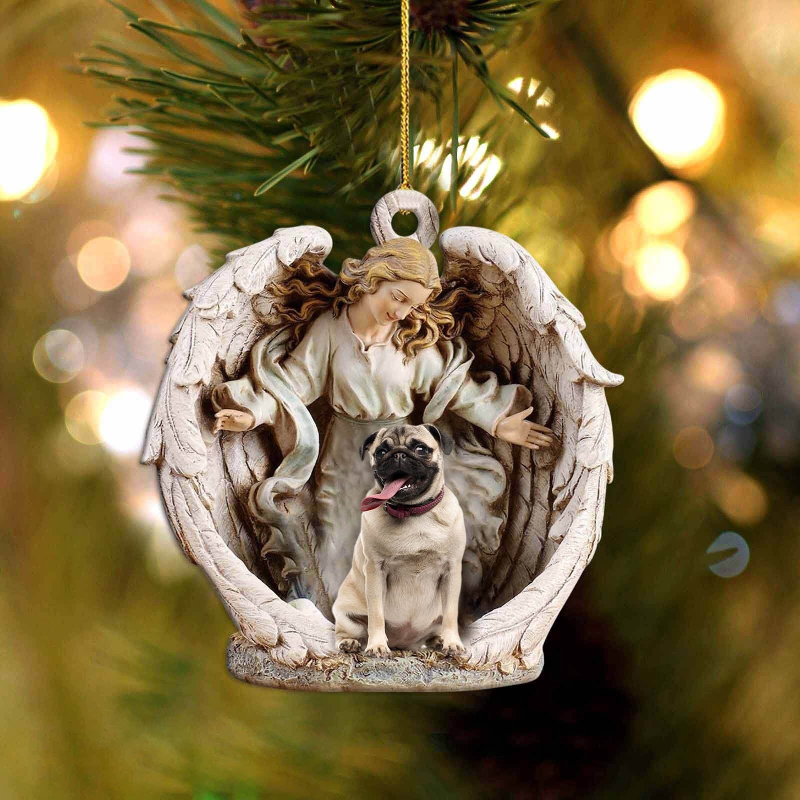 Pug3-Angel Hug Winter Love Two Sided Ornament