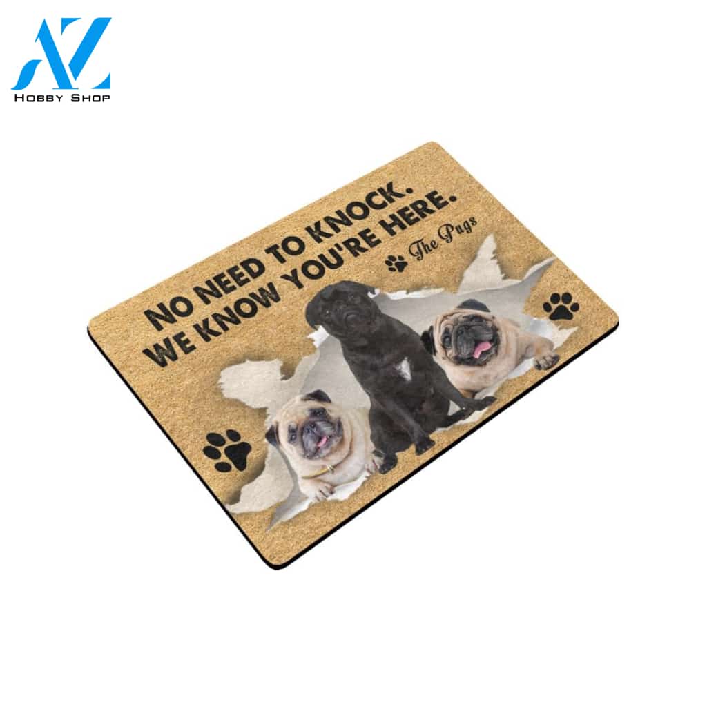 Pugs We Know You're Here Doormat Indoor And Outdoor Mat Entrance Rug Sweet Home Decor Housewarming Gift Gift For Friend Family Stem Feminist