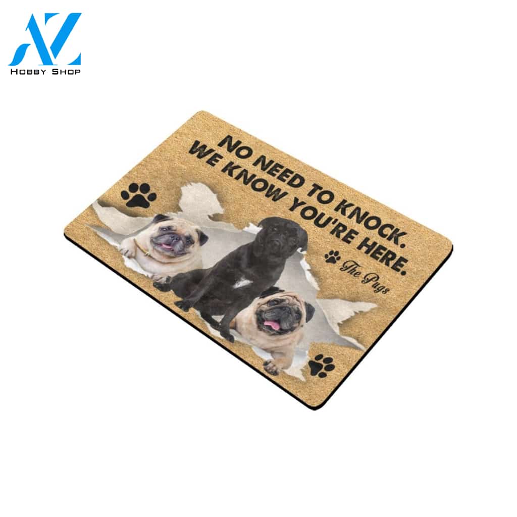 Pugs We Know You're Here Doormat Indoor And Outdoor Mat Entrance Rug Sweet Home Decor Housewarming Gift Gift For Friend Family Stem Feminist