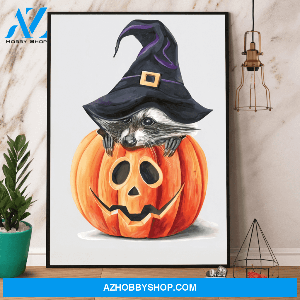 Pumpkin And Raccoon Witch Canvas And Poster, Wall Decor Visual Art, Halloween Gift, Happy Halloween