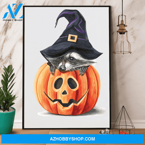 Pumpkin And Raccoon Witch Canvas And Poster, Wall Decor Visual Art, Halloween Gift, Happy Halloween