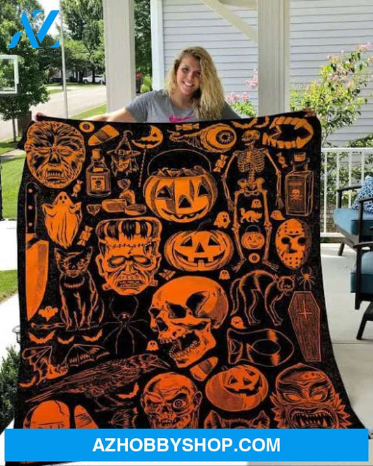 Pumpkin and Skull Halloween Fleece Blanket Funny Halloween Gift, Halloween Decor